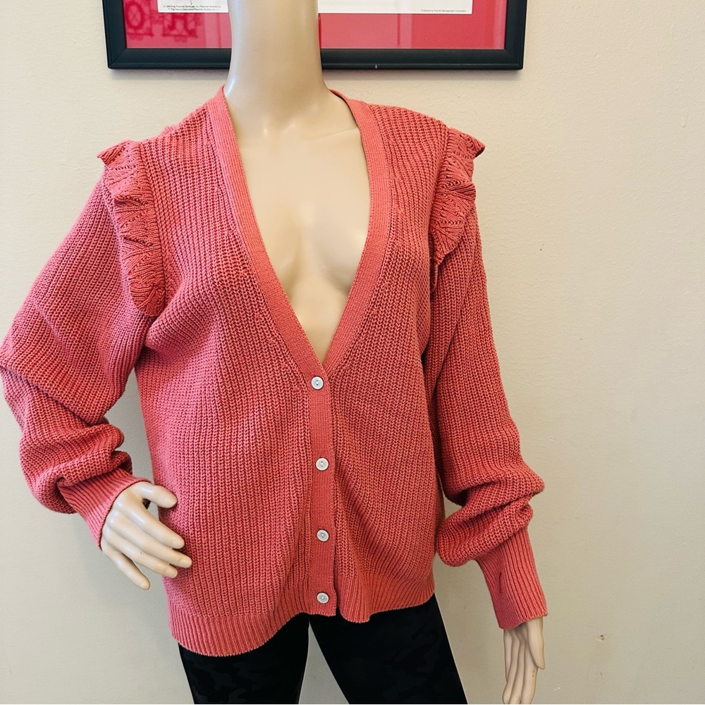 Marled Coral Ruffled Cardigan Sweater